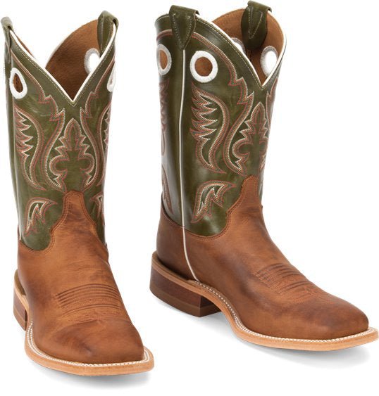 Justin Men's Bent Rail Austin Cognac and Green Wide Square Toe Western Boots - J&R Tack & Feed CO