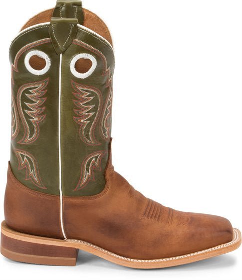 Justin Men's Bent Rail Austin Cognac and Green Wide Square Toe Western Boots - J&R Tack & Feed CO