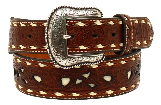 Nocona Men's Brown Genuine Leather Floral White Inlay & Lace Western Belt - J&R Tack & Feed CO