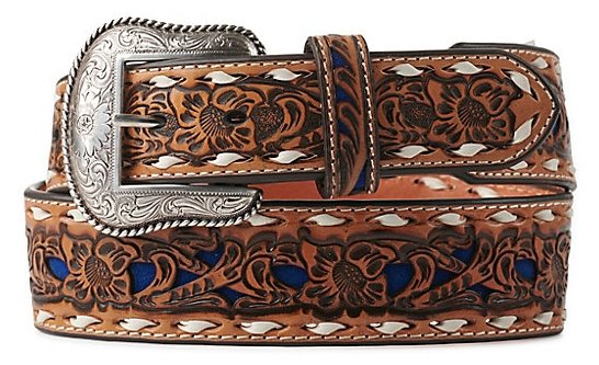 Nocona Men's Tan Genuine Leather Floral Blue Inlay & White Lace Belt - J&R Tack & Feed CO